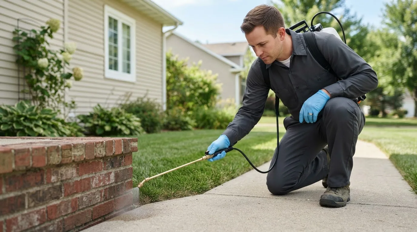 Pest control technician treating a home near Worth, MO