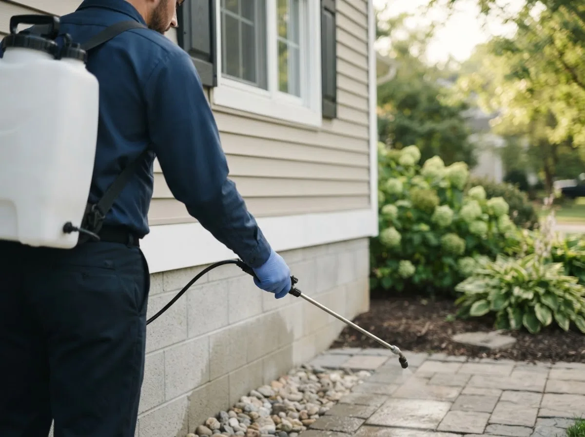 Pest control technician inspecting a home in Worth, MO